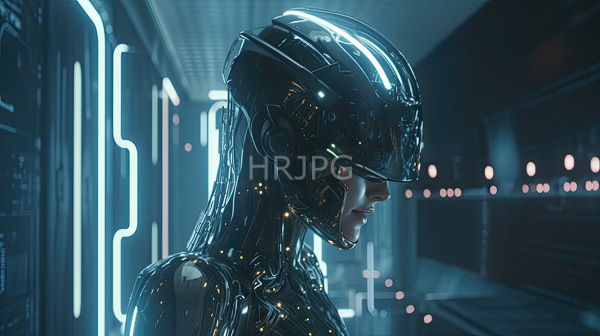 High Resolution: Futuristic cybernetic human sleek black metallic helmet intricate glowing circuitry their head and neck subject focused expression dimly lit neon-lit download. | HRJPG.com