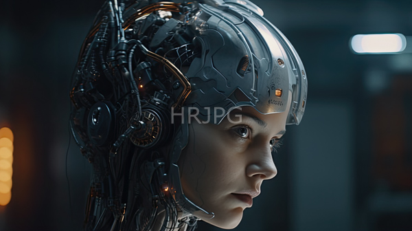 High Resolution: Young woman cybernetic head intricate metallic components wires small orange lights She has fair skin brown eyes and focused download. | HRJPG.com