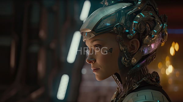 High Resolution: Young woman light skin brown eyes wearing futuristic metallic headgear intricate blue and silver details She has small black tattoo-like download. | HRJPG.com