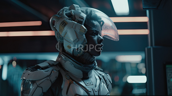 High Resolution: Black woman natural hair futuristic sci-fi setting wearing white high-tech spacesuit transparent helmet features blurred neon-lit panels and metallic download. | HRJPG.com