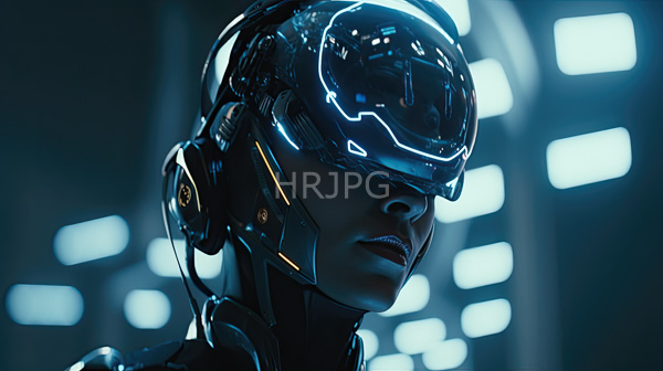 High Resolution: Futuristic dark-skinned woman sleek black high-tech helmet glowing blue lines transparent visor She wears matching high-tech suit visible gold download. | HRJPG.com