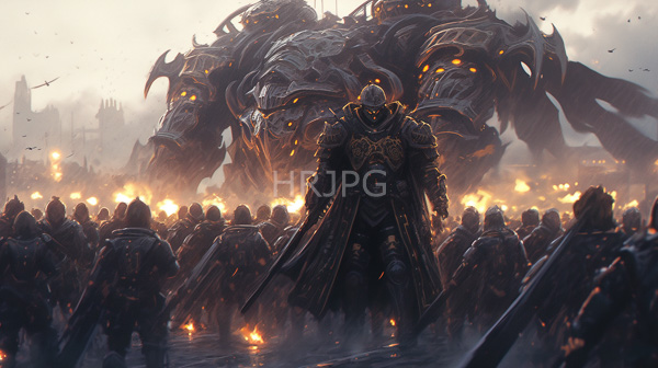 High Resolution: Dark armored figure glowing horned helmet intricate armor standing center battlefield Surrounding him hooded warriors torches facing massive menacing download. | HRJPG.com