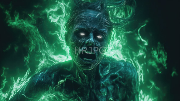High Resolution: Terrifying green-tinged humanoid figure glowing white eyes wild disheveled hair grotesque cracked and decaying face figure enveloped swirling ethereal download. | HRJPG.com