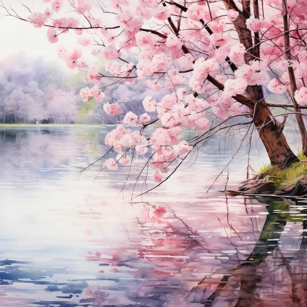 High Resolution: Detailed watercolor serene lakeside scene cherry blossom tree pink flowers dominates right side its branches extending over calm reflective download. | HRJPG.com