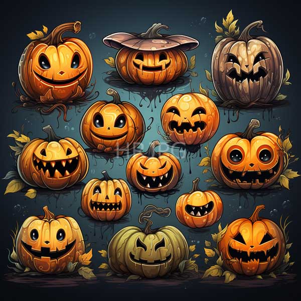 High Resolution: Twelve vibrant carved pumpkins various spooky cheerful mischievous expressions Pumpkins shades orange and green some dripping black goo download. | HRJPG.com