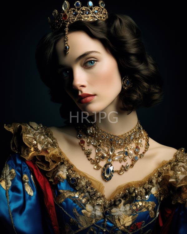 High Resolution: Photorealistic fair-skinned blue-eyed woman short wavy brown hair wearing ornate gold and blue crown matching necklace and earrings download. | HRJPG.com