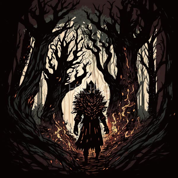 High Resolution: Dark foreboding forest twisted blackened trees shadowy armored figure spiked shoulder guard stands center surrounded glowing orange embers download. | HRJPG.com