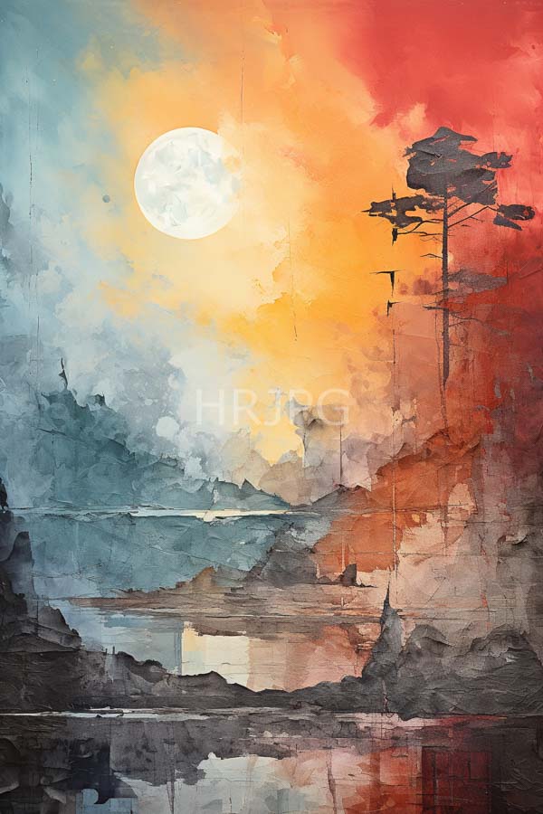 High Resolution: Watercolor sunset over reflective lake large glowing full moon upper left surrounded warm orange and red skies download. | HRJPG.com