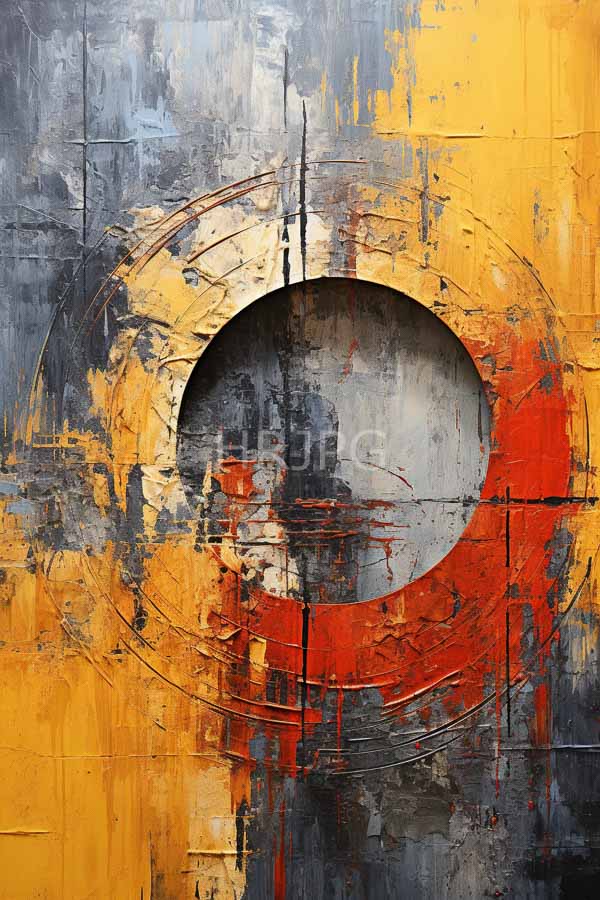 High Resolution: Abstract features large central circular hole textured layered mix yellow red and gray visible brushstrokes and splatters download. | HRJPG.com