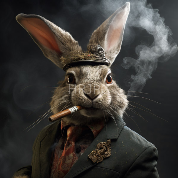 High Resolution: Anthropomorphic rabbit gray fur wearing dark green suit red patterned shirt ornate hat rabbit has lit cigarette its mouth download. | HRJPG.com