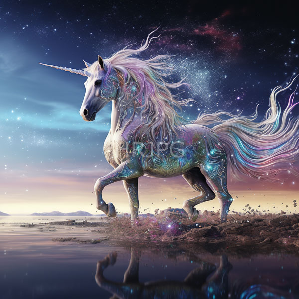 High Resolution: Majestic white unicorn shimmering iridescent coat flowing multicolored mane and tail unicorn stands rocky shore reflective pool beneath download. | HRJPG.com