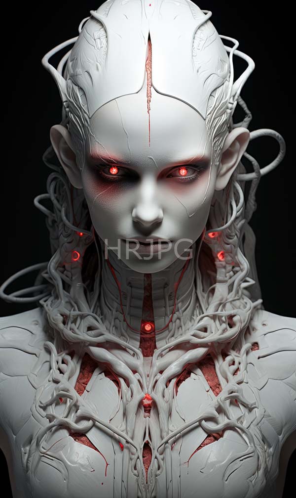 High Resolution: Pale androgynous humanoid figure intricate white organic-like armor covering their head upper body They have pointed ears glowing red download. | HRJPG.com