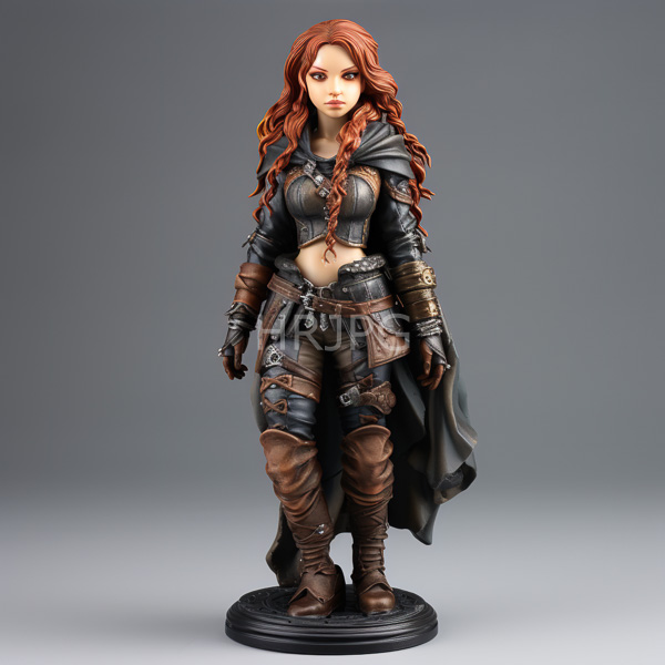High Resolution: Detailed realistic female fantasy figurine long wavy red hair wearing black leather cropped top brown leather pants and black download. | HRJPG.com