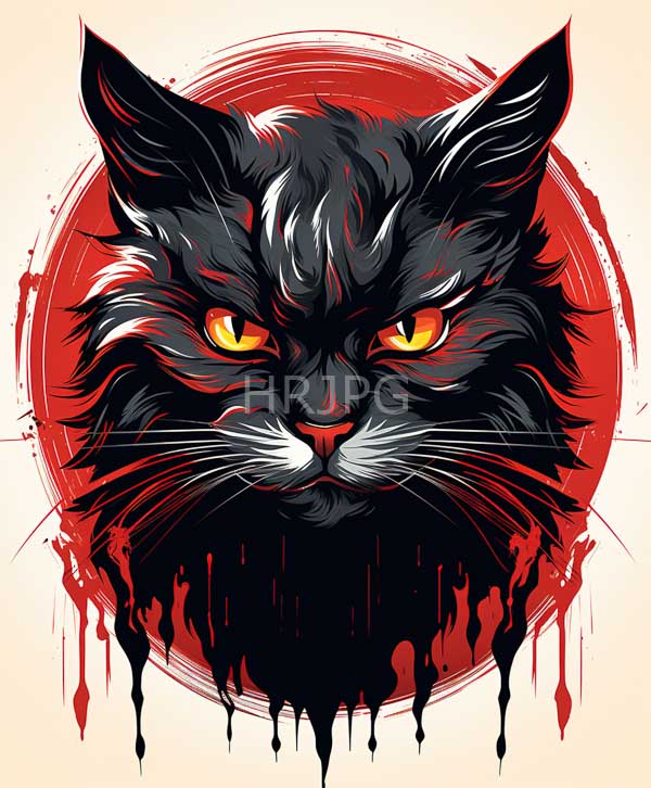 High Resolution: Fierce black cat striking orange eyes set against bold red circular cat's fur detailed dynamic flowing lines and its whiskers download. | HRJPG.com