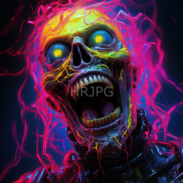 High Resolution: Vivid grotesque skeletal humanoid glowing yellow eyes sharp teeth open mouth Bright pink and yellow electric-like energy surrounds its download. | HRJPG.com