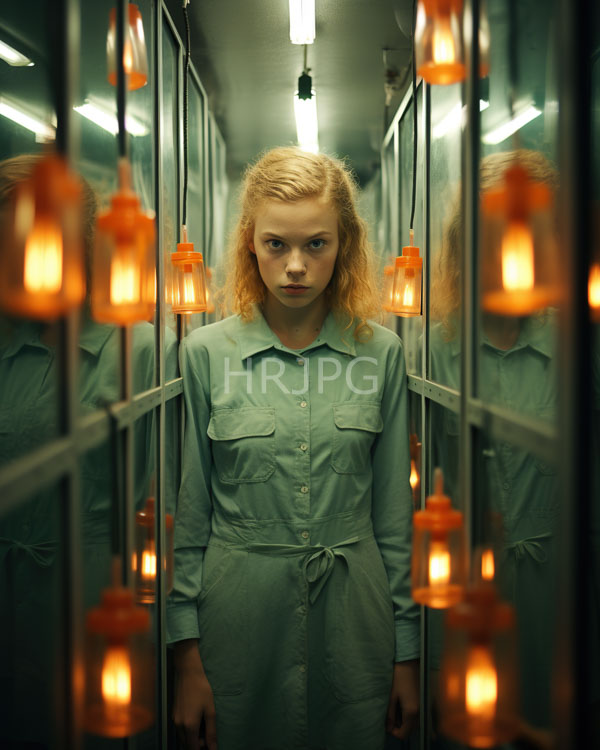 High Resolution: Young blonde woman curly hair wearing light green button-up jumpsuit standing narrow mirrored hallway orange lanterns hanging both sides download. | HRJPG.com
