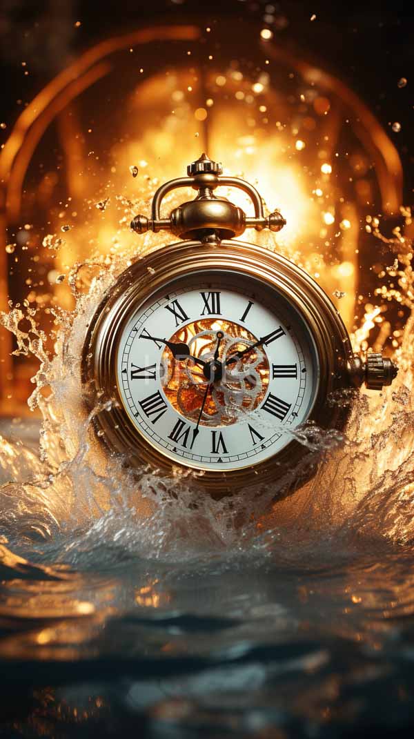 High Resolution: Vintage silver alarm clock white face black Roman numerals partially submerged water clock splashing vigorously water droplets flying download. | HRJPG.com