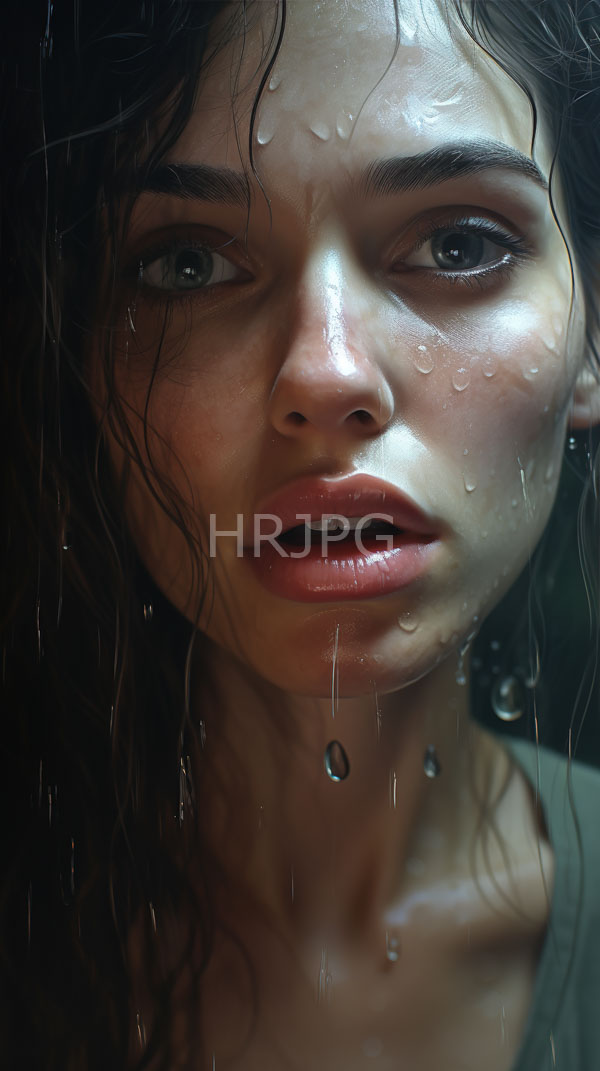 High Resolution: Photorealistic young woman wet dark brown wavy hair fair skin She has striking green eyes full pink lips slightly parted download. | HRJPG.com
