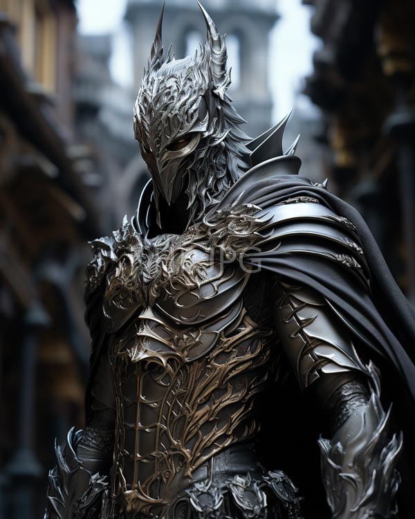 High Resolution: Muscular armored warrior horned intricate helmet dark flowing cape armor highly detailed ornate metallic patterns blurred medieval cityscape download. | HRJPG.com