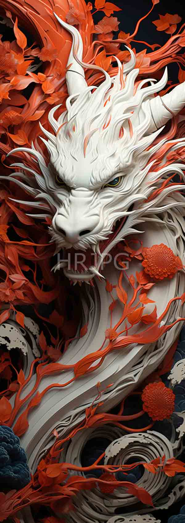 High Resolution: Fierce white dragon intricate flowing mane sharp yellow eyes dragon surrounded vibrant orange leaf-like flames red spherical flowers download. | HRJPG.com