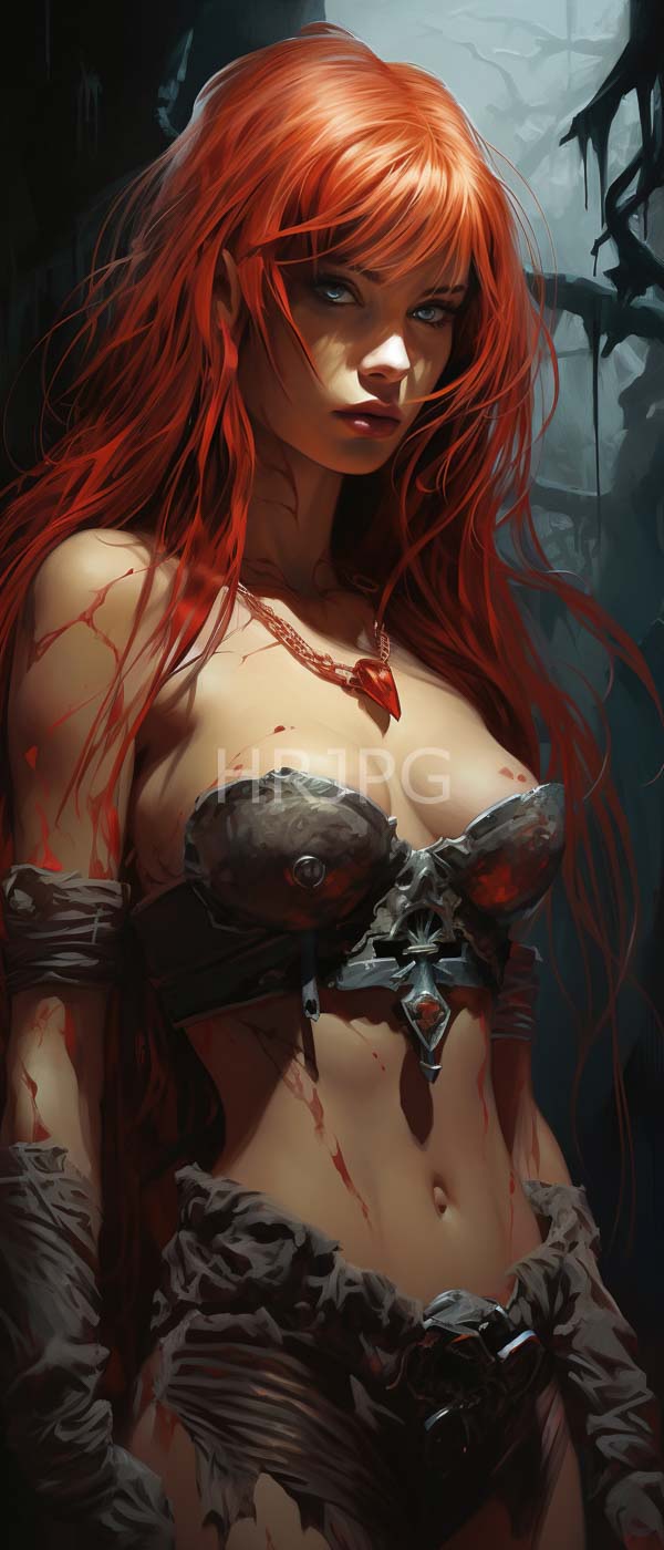 High Resolution: Fierce red-haired woman pale skin wearing tattered blood-stained armor that exposes her large breasts She has red gem necklace download. | HRJPG.com