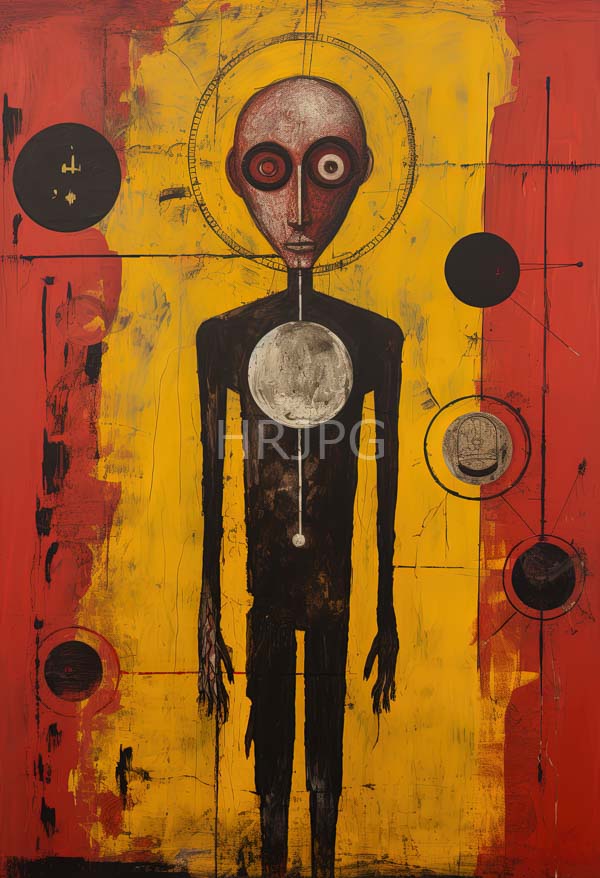 High Resolution: Abstract tall slender black humanoid figure red elongated head large circular eyesone red one white prominent white circle its download. | HRJPG.com