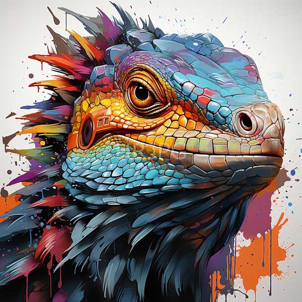 High Resolution: Colorful stylized lizard head vibrant multicolored scales shades blue orange yellow and green lizard has large expressive eyes and download. | HRJPG.com
