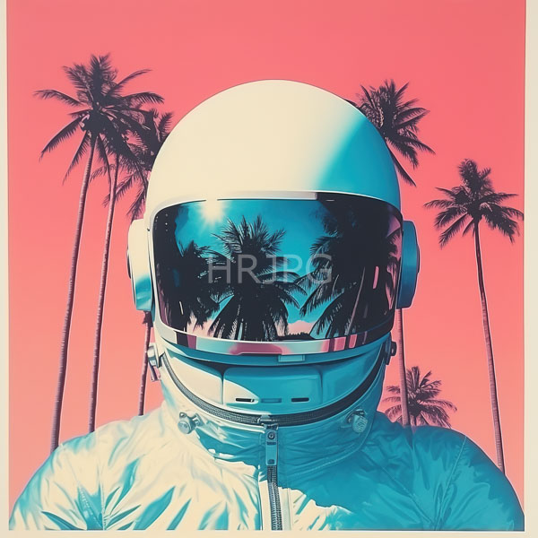 High Resolution: Person wearing white helmet reflective visor reflecting palm trees white zip-up jacket features vivid pink sky silhouetted palm trees download. | HRJPG.com