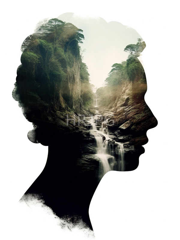 High Resolution: Silhouette human head filled landscape narrow rocky canyon cascading waterfall canyon lush green trees waterfall flows down center download. | HRJPG.com