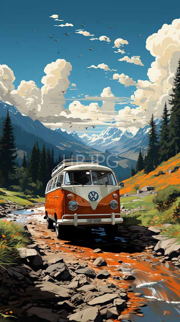 High Resolution: Vintage orange and white Volkswagen van roof rack driving rocky orange-streaked stream lush mountainous forest Snow-capped peaks fluffy clouds download. | HRJPG.com