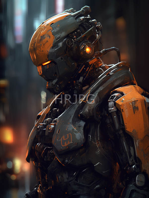High Resolution: Highly detailed futuristic orange and black armored humanoid robot helmet glowing orange visor robot's design rugged visible wear and download. | HRJPG.com