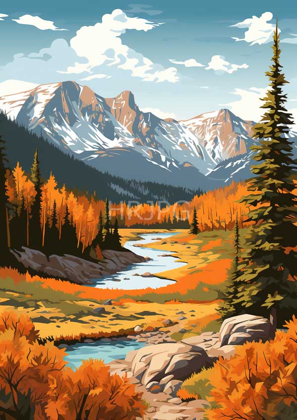 High Resolution: Vibrant autumn landscape clear river flowing through forest orange and yellow trees Snow-capped mountains rise blue sky white clouds download. | HRJPG.com