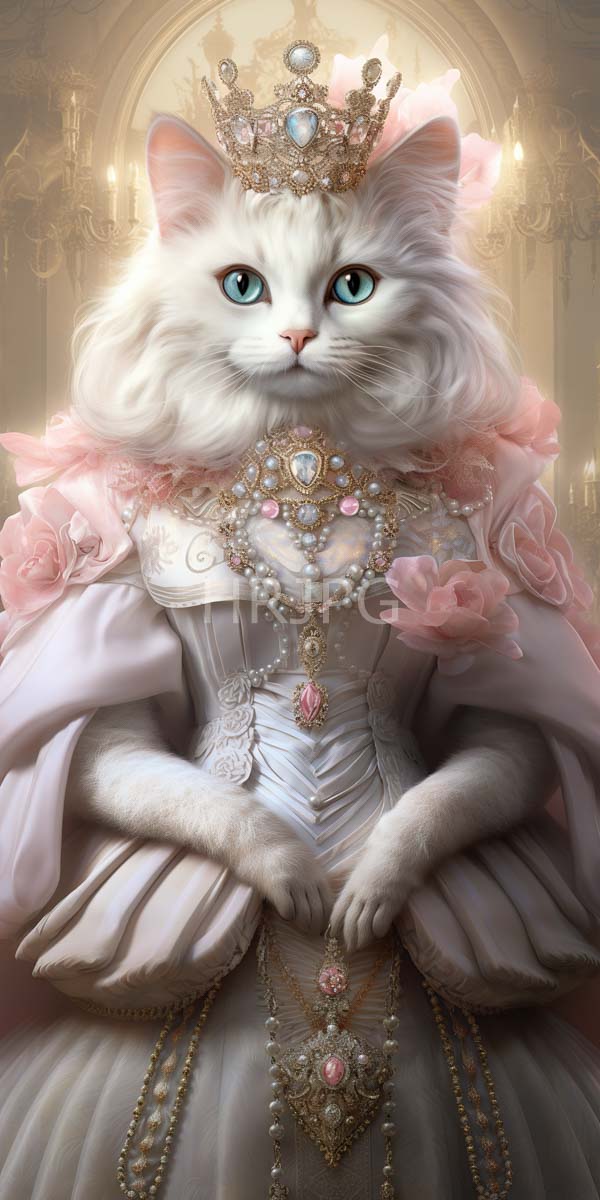 High Resolution: Regal white cat blue eyes adorned elaborate ornate white gown pink roses and pearls cat wears gold crown matching download. | HRJPG.com