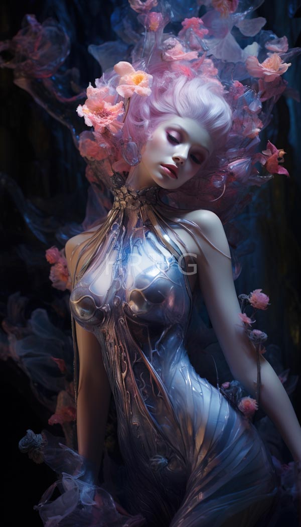 High Resolution: Pale-skinned ethereal woman pink wavy hair adorned translucent pink flowers She wears shimmering metallic form-fitting dress intricate patterns and her download. | HRJPG.com