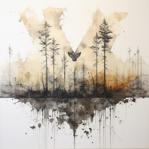 High Resolution: Watercolor and ink forest tall sparse trees small bird centered trees features warm beige and brown hues while foreground download. | HRJPG.com