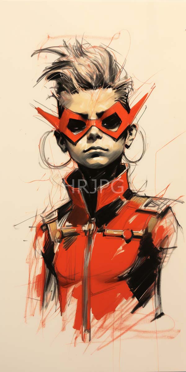 High Resolution: Stern-looking young woman short spiky brown hair wearing red mask angular black accents matching red high-collared outfit gold shoulder download. | HRJPG.com