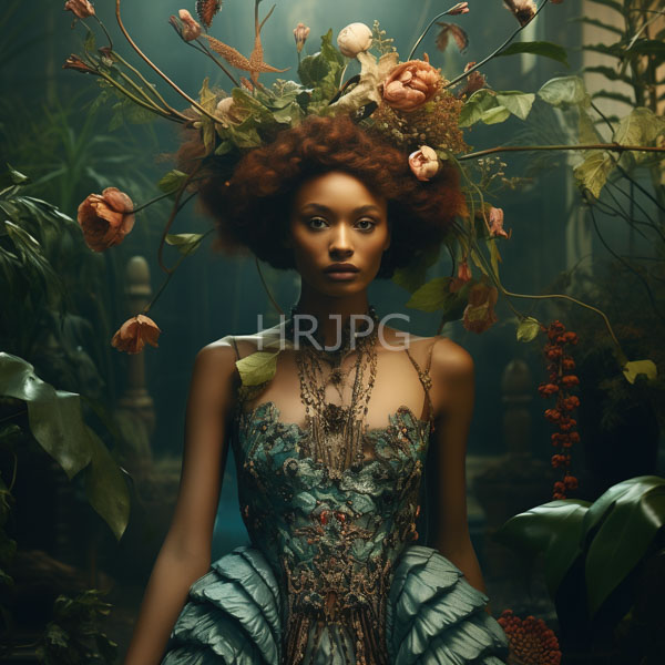 High Resolution: Slender dark-skinned Black woman natural curly hair adorned wilted roses and green leaves She wears intricate teal and gold embroidered download. | HRJPG.com