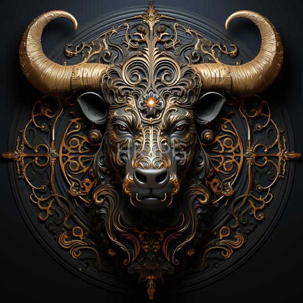 High Resolution: Intricately detailed golden bull's head large curved horns set against dark circular bull's face adorned ornate swirling patterns central download. | HRJPG.com