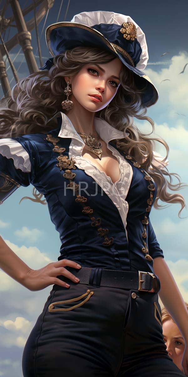 High Resolution: Confident attractive woman long wavy brown hair wearing navy blue naval officer's uniform gold buttons white ruffled shirt matching download. | HRJPG.com