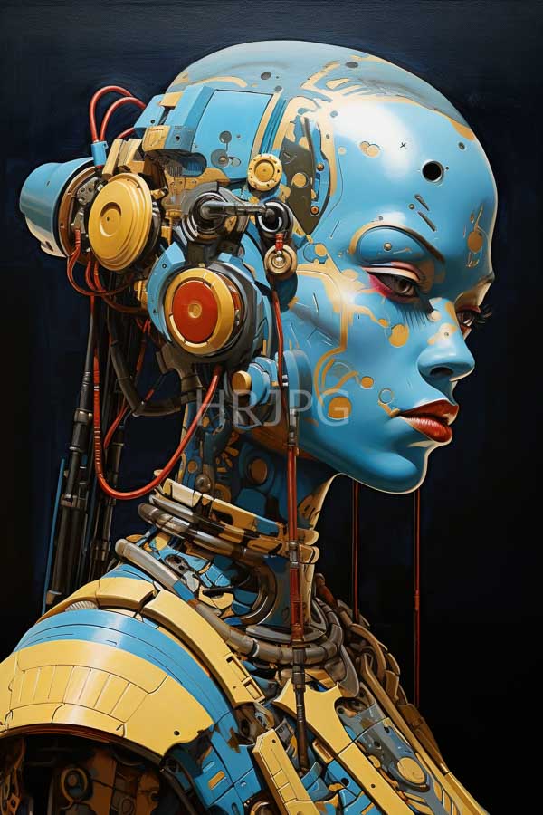 High Resolution: Blue-skinned humanoid robot smooth metallic head exposed wires red and yellow circular components mechanical joints robot's face has red download. | HRJPG.com