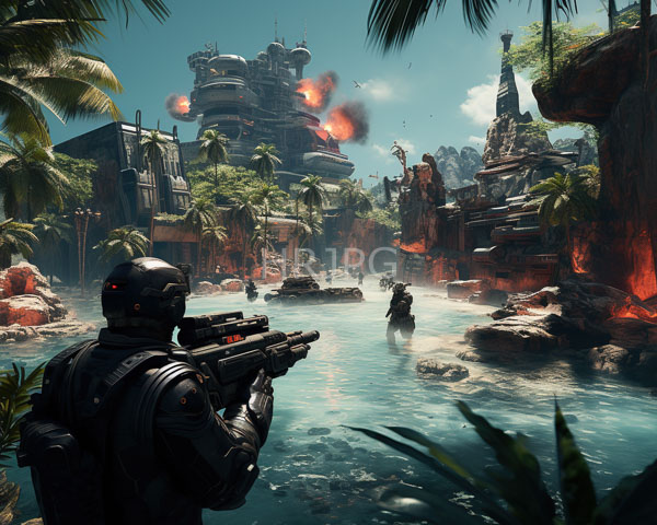 High Resolution: Futuristic tropical battlefield soldier black armor and helmet holding futuristic rifle stands foreground background shallow turquoise river separates download. | HRJPG.com