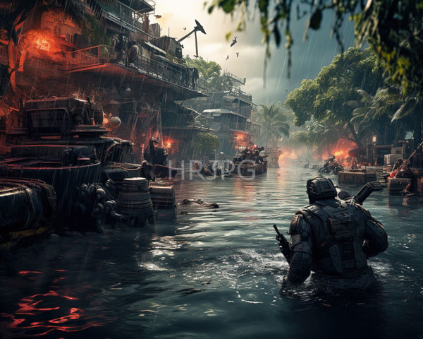 High Resolution: Chaotic rain-soaked river battle scene Soldiers tactical gear holding rifles wade through water features dilapidated jungle-surrounded buildings red-orange fires download. | HRJPG.com