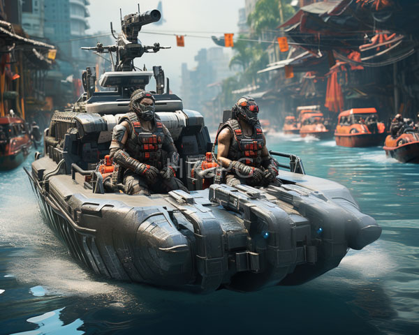 High Resolution: Two muscular armored soldiers red visors black tactical gear seated futuristic gray inflatable boat mounted turret boat navigates bustling waterway download. | HRJPG.com