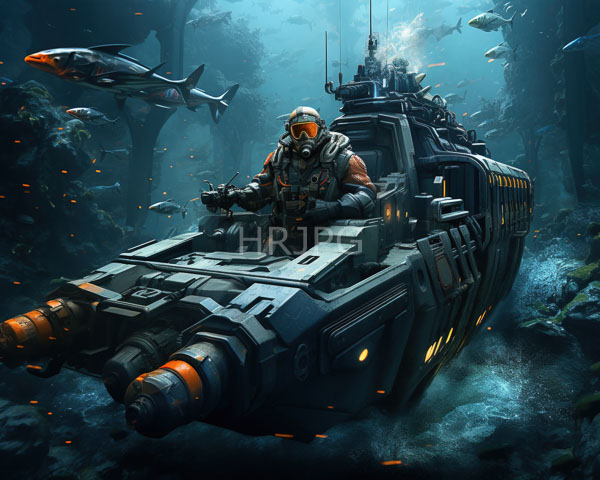 High Resolution: Armored futuristic soldier orange visor and helmet seated large dark mechanized vehicle twin orange-tipped cannons vehicle surrounded underwater fish and download. | HRJPG.com