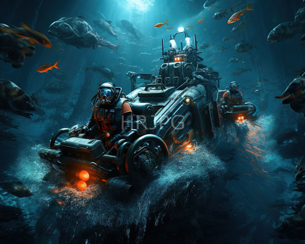 High Resolution: Three armored futuristic divers orange and black suits riding large illuminated underwater vehicle through dark blue-tinted ocean download. | HRJPG.com