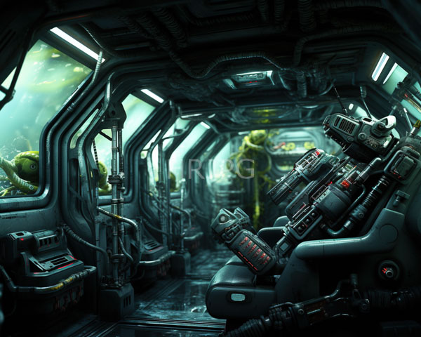 High Resolution: Dimly lit futuristic spaceship cockpit green alien-like creatures outside windows interior features complex dark metallic controls red and black download. | HRJPG.com