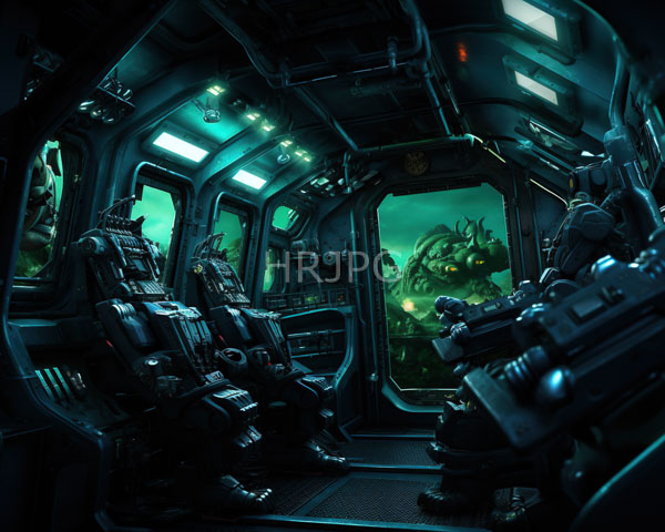 High Resolution: Dimly lit futuristic spaceship cockpit three armored robotic figures seated cockpit cluttered control panels screens emitting green and blue download. | HRJPG.com