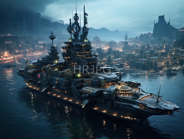 High Resolution: Massive intricately detailed futuristic warship glowing lights complex machinery sailing through foggy illuminated cityscape dusk download. | HRJPG.com