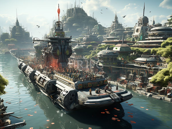 High Resolution: Detailed fantasy scene bustling steampunk-style riverboat filled diverse colorful characters boat adorned intricate metalwork red flag navigates serene reflective download. | HRJPG.com