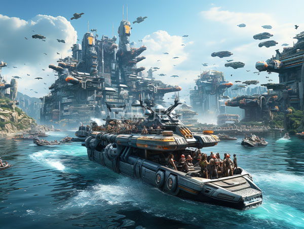 High Resolution: Futuristic steampunk-style cityscape towering intricately designed buildings adorned mechanical elements large sleek metallic boat diverse group people download. | HRJPG.com